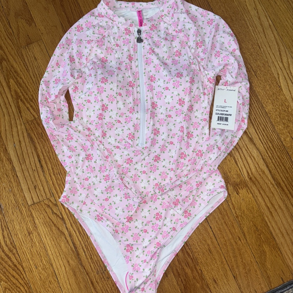 Betsey Johnson Women's Size Large  Pink Floral Long Sleeve Rash Guard Swim Suit